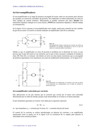 TEMA 4: AMPLIFICADORES DE POTENCIA
© Universidad de Jaén; J: D. Aguilar; M. Olid 30
4.6 Servoamplificadores
El servoamplificador es la etapa de potencia encargada de actuar sobre un servomotor para efectuar
por ejemplo, un control de velocidad o de posición. Son empleados en robots industriales así como en
otros equipos de control numérico. Básicamente se pueden enumerar dos tipos: lineales (los
transistores bipolares trabajan en la zona lineal) y PWM (los transistores bipolares o Mosfet trabaja
en conmutación).
En la figura 4.24 se muestra el servoamplificador más simple, usado para controlar los dos sentidos
de giro de un motor. El control se efectúa mediante un amplificador clase B en contrafase.
Fig 4. 24
Servoamplificador bipolar controlado por tensión, que utiliza un
amplificador en contrafase funcionando en clase B, el giro del
motor no es uniforme debido a la distorsión
Sabido es que el amplificador en clase B presenta el problema de la distorsión de cruce, lo que
provoca que el giro del motor no sea uniforme, por lo que se hace necesario configurar la entrada en
clase AB. Para ello, se incluyen dos diodos en serie con otras tantas resistencias que se encargarán
de polarizar ligeramente a los transistores así como de estabilizarlos térmicamente, ver la figura 4.25
Fig 4. 25
Servoamplificador con amplificador en contrafase, clase AB, los diodos
y las resistencias son compensadoras con el objeto de eliminar la
distorsión de cruce
Servoamplificador controlado por corriente
Hay aplicaciones en las que interesa que la corriente que circula por el motor esté controlada
directamente por la señal de entrada, porque el par desarrollado en el motor es el factor principal.
El par instantáneo generado en el motor viene dado por la siguiente expresión:
m = KT ⋅ im E4. 47
m = par instantáneo, im = corriente por el motor, KT = constante del par del motor
El control de la corriente se realiza introduciendo un detector de corriente y un amplificador
operacional como se puede ver en la figura 4.26 La resistencia Rs se emplea para detectar la
intensidad como resistencia Shunt.
 