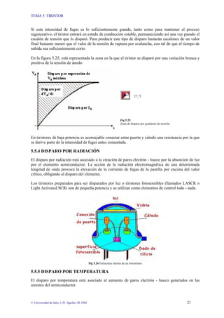 TEMA 5: TIRISTOR
© Universidad de Jaén; J. D. Aguilar; M. Olid 21
Si esta intensidad de fugas es lo suficientemente grande, tanto como para mantener el proceso
regenerativo, el tiristor entrará en estado de conducción estable, permaneciendo así una vez pasado el
escalón de tensión que lo disparó. Para producir este tipo de disparo bastarán escalones de un valor
final bastante menor que el valor de la tensión de ruptura por avalancha, con tal de que el tiempo de
subida sea suficientemente corto.
En la figura 5.25, está representada la zona en la que el tiristor se disparó por una variación brusca y
positiva de la tensión de ánodo
[5_7]
Fig 5.25
Zona de disparo por gradiente de tensión.
En tiristores de baja potencia es aconsejable conectar entre puerta y cátodo una resistencia por la que
se derive parte de la intensidad de fugas antes comentada.
5.5.4 DISPARO POR RADIACIÓN
El disparo por radiación está asociado a la creación de pares electrón - hueco por la absorción de luz
por el elemento semiconductor. La acción de la radiación electromagnética de una determinada
longitud de onda provoca la elevación de la corriente de fugas de la pastilla por encima del valor
crítico, obligando al disparo del elemento.
Los tiristores preparados para ser disparados por luz o tiristores fotosensibles (llamados LASCR o
Light Activated SCR) son de pequeña potencia y se utilizan como elementos de control todo - nada.
Fig 5.26 Estructura interna de un fototiristor
5.5.5 DISPARO POR TEMPERATURA
El disparo por temperatura está asociado al aumento de pares electrón - hueco generados en las
uniones del semiconductor.
 