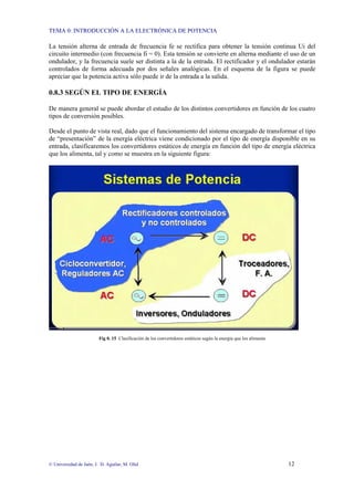 TEMA 0: INTRODUCCIÓN A LA ELECTRÓNICA DE POTENCIA
© Universidad de Jaén; J. D. Aguilar; M. Olid 12
La tensión alterna de entrada de frecuencia fe se rectifica para obtener la tensión continua Ui del
circuito intermedio (con frecuencia fi = 0). Esta tensión se convierte en alterna mediante el uso de un
ondulador, y la frecuencia suele ser distinta a la de la entrada. El rectificador y el ondulador estarán
controlados de forma adecuada por dos señales analógicas. En el esquema de la figura se puede
apreciar que la potencia activa sólo puede ir de la entrada a la salida.
0.8.3 SEGÚN EL TIPO DE ENERGÍA
De manera general se puede abordar el estudio de los distintos convertidores en función de los cuatro
tipos de conversión posibles.
Desde el punto de vista real, dado que el funcionamiento del sistema encargado de transformar el tipo
de “presentación” de la energía eléctrica viene condicionado por el tipo de energía disponible en su
entrada, clasificaremos los convertidores estáticos de energía en función del tipo de energía eléctrica
que los alimenta, tal y como se muestra en la siguiente figura:
Fig 0. 15 Clasificación de los convertidores estáticos según la energía que los alimenta
 
