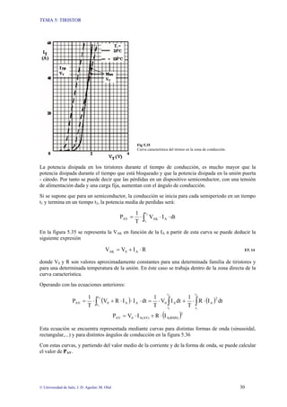TEMA 5: TIRISTOR
© Universidad de Jaén; J. D. Aguilar; M. Olid 30
Fig 5.35
Curva característica del tiristor en la zona de conducción.
La potencia disipada en los tiristores durante el tiempo de conducción, es mucho mayor que la
potencia disipada durante el tiempo que está bloqueado y que la potencia disipada en la unión puerta
- cátodo. Por tanto se puede decir que las pérdidas en un dispositivo semiconductor, con una tensión
de alimentación dada y una carga fija, aumentan con el ángulo de conducción.
Si se supone que para un semiconductor, la conducción se inicia para cada semiperiodo en un tiempo
t1 y termina en un tiempo t2, la potencia media de perdidas será:
∫ ⋅
⋅
⋅
=
2
1
t
t
A
AK
AV dt
I
V
T
1
P
En la figura 5.35 se representa la VAK en función de la IA a partir de esta curva se puede deducir la
siguiente expresión
R
I
V
V A
0
AK ⋅
+
= E5. 14
donde V0 y R son valores aproximadamente constantes para una determinada familia de tiristores y
para una determinada temperatura de la unión. En éste caso se trabaja dentro de la zona directa de la
curva característica.
Operando con las ecuaciones anteriores:
( ) ( )
∫ ∫
∫ ⋅
⋅
+
⋅
=
⋅
⋅
⋅
+
⋅
=
2
1
2
1
2
1
t
t
t
t
2
A
t
t
A
0
A
A
0
AV dt
I
R
T
1
dt
I
V
T
1
dt
I
I
R
V
T
1
P
( )2
A(RMS)
A(AV)
0
AV I
R
I
V
P ⋅
+
⋅
=
Esta ecuación se encuentra representada mediante curvas para distintas formas de onda (sinusoidal,
rectangular,...) y para distintos ángulos de conducción en la figura 5.36
Con estas curvas, y partiendo del valor medio de la corriente y de la forma de onda, se puede calcular
el valor de PAV.
 