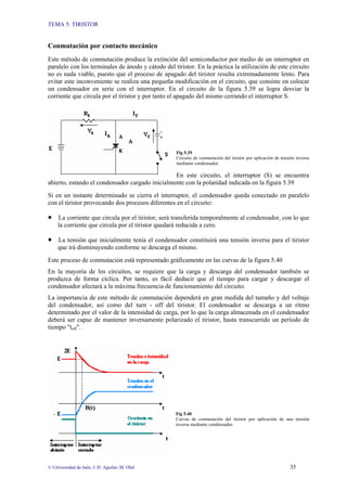 TEMA 5: TIRISTOR
© Universidad de Jaén; J. D. Aguilar; M. Olid 35
Conmutación por contacto mecánico
Este método de conmutación produce la extinción del semiconductor por medio de un interruptor en
paralelo con los terminales de ánodo y cátodo del tiristor. En la práctica la utilización de este circuito
no es nada viable, puesto que el proceso de apagado del tiristor resulta extremadamente lento. Para
evitar este inconveniente se realiza una pequeña modificación en el circuito, que consiste en colocar
un condensador en serie con el interruptor. En el circuito de la figura 5.39 se logra desviar la
corriente que circula por el tiristor y por tanto el apagado del mismo cerrando el interruptor S.
Fig 5.39
Circuito de conmutación del tiristor por aplicación de tensión inversa
mediante condensador.
En este circuito, el interruptor (S) se encuentra
abierto, estando el condensador cargado inicialmente con la polaridad indicada en la figura 5.39
Si en un instante determinado se cierra el interruptor, el condensador queda conectado en paralelo
con el tiristor provocando dos procesos diferentes en el circuito:
• La corriente que circula por el tiristor, será transferida temporalmente al condensador, con lo que
la corriente que circula por el tiristor quedará reducida a cero.
• La tensión que inicialmente tenía el condensador constituirá una tensión inversa para el tiristor
que irá disminuyendo conforme se descarga el mismo.
Este proceso de conmutación está representado gráficamente en las curvas de la figura 5.40
En la mayoría de los circuitos, se requiere que la carga y descarga del condensador también se
produzca de forma cíclica. Por tanto, es fácil deducir que el tiempo para cargar y descargar el
condensador afectará a la máxima frecuencia de funcionamiento del circuito.
La importancia de este método de conmutación dependerá en gran medida del tamaño y del voltaje
del condensador, así como del turn - off del tiristor. El condensador se descarga a un ritmo
determinado por el valor de la intensidad de carga, por lo que la carga almacenada en el condensador
deberá ser capaz de mantener inversamente polarizado el tiristor, hasta transcurrido un período de
tiempo "toff".
Fig 5.40
Curvas de conmutación del tiristor por aplicación de una tensión
inversa mediante condensador.
 