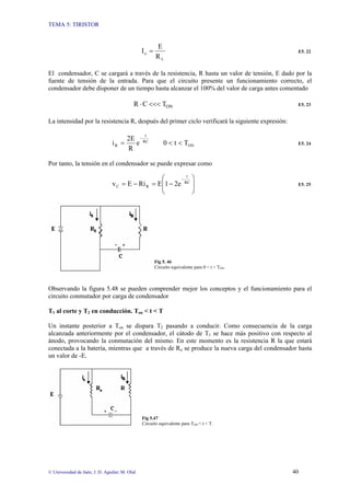 TEMA 5: TIRISTOR
© Universidad de Jaén; J. D. Aguilar; M. Olid 40
L
o
R
E
I = E5. 22
El condensador, C se cargará a través de la resistencia, R hasta un valor de tensión, E dado por la
fuente de tensión de la entrada. Para que el circuito presente un funcionamiento correcto, el
condensador debe disponer de un tiempo hasta alcanzar el 100% del valor de carga antes comentado
ON
T
C
R <<<
⋅ E5. 23
La intensidad por la resistencia R, después del primer ciclo verificará la siguiente expresión:
ON
RC
t
R T
t
0
e
R
2E
i <
<
=
−
E5. 24
Por tanto, la tensión en el condensador se puede expresar como
⎟
⎟
⎠
⎞
⎜
⎜
⎝
⎛
−
=
−
=
−
RC
t
R
C 2e
1
E
Ri
E
v E5. 25
Fig 5. 46
Circuito equivalente para 0 < t < TON.
Observando la figura 5.48 se pueden comprender mejor los conceptos y el funcionamiento para el
circuito conmutador por carga de condensador
T1 al corte y T2 en conducción. Ton < t < T
Un instante posterior a Ton se dispara T2 pasando a conducir. Como consecuencia de la carga
alcanzada anteriormente por el condensador, el cátodo de T1 se hace más positivo con respecto al
ánodo, provocando la conmutación del mismo. En este momento es la resistencia R la que estará
conectada a la batería, mientras que a través de Ro se produce la nueva carga del condensador hasta
un valor de -E.
Fig 5.47
Circuito equivalente para TON < t < T.
 
