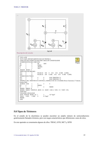 TEMA 5: TIRISTOR
© Universidad de Jaén; J. D. Aguilar; M. Olid 43
5.8 Tipos de Tiristores
En el estudio de la electrónica se pueden encontrar un amplio número de semiconductores
genéricamente llamados tiristores, pero con rasgos característicos que diferencian a unos de otros.
En este apartado se comentarán algunos de ellos: TRIAC, GTO, MCT y SITH
…
Fig 5.49
Descripción del circuito
*CD5_4.CIR
*E.P.S. JAEN. DEPARTAMENTO DE ELECTRONICA
*CIRCUITO DE CONMUTACION POR CARGA DE CONDENSADOR
*COMPONENTES DEL CIRCUITO
VE 1 0 DC 100V
RO 1 2 5OHM
R 1 3 {RESIS}
C 2 3 10UF
.PARAM RESIS = 5
*IMPULSOS DE DISPARO
VG1 4 0 PULSE (0 10V 0 1US 1US 0.1MS 0.2MS)
VG2 5 0 PULSE (0 10V 0.1MS 1US 1US 0.1MS 0.2MS)
*SEMICONDUCTORES
XT1 2 0 4 0 SCR; TIRISTOR T1
XT2 3 0 5 0 SCR; TIRISTOR T2
*MODELO DEL TIRISTOR EN CONTINUA; MODELO DE M. H. RASHID (Power Electronics 2ª Edición,
Prentice Hall)
.SUBCKT SCR 1 2 3 4
DT 5 2 DMOD
ST 1 5 3 4 SMOD
.MODEL DMOD D
.MODEL SMOD VSWITCH (RON = 0.1 ROFF = 10E+6 VON = 1V VOFF = 0V)
.ENDS SCR
*ANALISIS A REALIZAR
.STEP PARAM RESIS list 1 3 10; *ipsp*
.TRAN 1.0US 1.5MS 0 0; *ipsp*
.PROBE
.END
 