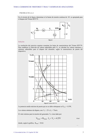 TEMA 6: GOBIERNO DE TIRISTORES Y TRIAC Y EJEMPLOS DE APLICACIONES
© Universidad de Jaén; J. D. Aguilar; M. Olid 3
PROBLEMA 6.1
En el circuito de la figura, determinar si la fuente de tensión continua de 6V, es apropiada para
el disparo del Tiristor BTY79.
Fig 6.4
Solución:
La resolución del ejercicio requiere examinar las hojas de características del Tiristor BTY79.
Para establecer el intervalo de valores admisibles para VS, se calculan los valores máximos y
mínimos admisibles para el disparo del elemento, según la característica de puerta del
dispositivo.
Fig 6.5 Tiristor BTY79
La potencia media máxima de puerta que no se debe sobrepasar es PGAV = 0.5W,
Los valores mínimos de disparo, son: Vo = 2V e Io = 75mA.
El valor mínimo para la tensión del generador, VS viene dado por:
V
25
.
4
V
I
R
V o
o
máx
S
min
S =
+
⋅
= E 6.1
donde, según la gráfica, RSmáx = 30 Ω
…
 