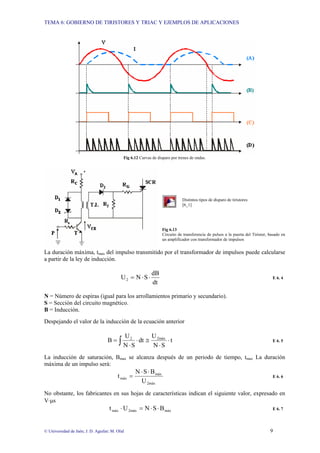TEMA 6: GOBIERNO DE TIRISTORES Y TRIAC Y EJEMPLOS DE APLICACIONES
© Universidad de Jaén; J. D. Aguilar; M. Olid 9
Fig 6.12 Curvas de disparo por trenes de ondas.
Distintos tipos de disparo de tiristores
[6_1]
Fig 6.13
Circuito de transferencia de pulsos a la puerta del Tiristor, basado en
un amplificador con transformador de impulsos
La duración máxima, tmax del impulso transmitido por el transformador de impulsos puede calcularse
a partir de la ley de inducción.
dt
dB
S
N
U2 ⋅
⋅
= E 6. 4
N = Número de espiras (igual para los arrollamientos primario y secundario).
S = Sección del circuito magnético.
B = Inducción.
Despejando el valor de la inducción de la ecuación anterior
t
S
N
U
dt
S
N
U
B 2máx
2
⋅
⋅
≅
⋅
⋅
= ∫ E 6. 5
La inducción de saturación, Bmax se alcanza después de un periodo de tiempo, tmax La duración
máxima de un impulso será:
2máx
máx
máx
U
B
S
N
t
⋅
⋅
= E 6. 6
No obstante, los fabricantes en sus hojas de características indican el siguiente valor, expresado en
V⋅µs
máx
2máx
máx B
S
N
U
t ⋅
⋅
=
⋅ E 6. 7
 