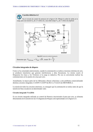 TEMA 6: GOBIERNO DE TIRISTORES Y TRIAC Y EJEMPLOS DE APLICACIONES
© Universidad de Jaén; J. D. Aguilar; M. Olid 12
Circuitos integrados de disparo
Como se ha comentado anteriormente, cuando la conmutación se realiza a tensiones distintas de cero,
se producen transitorios que generan interferencias a altas frecuencias. Lo mismo ocurre al
bloquearse los triacs y los Tiristores si la carga es inductiva. Por eso es conveniente realizar las
conmutaciones en los puntos de cruce por cero.
Actualmente, la mayor parte de los fabricantes ofrecen soluciones a este problema comercializando
distintos circuitos integrados: CA3059 / CA3079 de RCA o VAA216 de MOTOROLA.
La misión de todos los circuitos anteriores, es conseguir que la conmutación se realice antes de que la
tensión de línea exceda de un determinado valor.
Circuito integrado VAA2016
Es un circuito integrado utilizado en control de Potencia sincronizado al paso por cero, se alimenta
directamente de la tensión de red. El diagrama de bloques está representado en la figura 6.21.
Cuestión didáctica 6.2
Sea el circuito de control de potencia de la figura 6.20. Dibujar la señal de salida en la
carga, para una tensión Ein de 2.5 voltios dc y una señal rampa Vref de 5 voltios de amplitud
Fig 6.20 Circuito de control de potencia
Demostrar que: D
V
V RMS
RMScarga ⋅
= , siendo
T
T
D on
=
 
