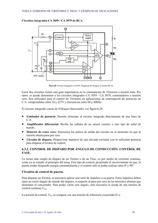 TEMA 6: GOBIERNO DE TIRISTORES Y TRIAC Y EJEMPLOS DE APLICACIONES
© Universidad de Jaén; J. D. Aguilar; M. Olid 16
Circuitos integrados CA 3059 / CA 3079 de RCA
7
8
13
14
1
2
5 Limiter
“0”
crossing
detec
Fall
safe
INV.
Power
supply
Triac
geting
circuit
4
MT2
MT1
G
RL
3
6
11
10
9
On/Off
sensing
amp
VAC
Cx
Rs
Rp
NTC sensor
12
100 µF
15V
Fig 6.28 Circuito Integrado CA3059: Diagrama de bloques (Cortesía RCA).
Estos dos circuitos tienen una gran importancia en la conmutación de Tiristores a tensión nula. Por
tanto, se puede denominar a los circuitos integrados CA 3059 / CA 3079, conmutadores a tensión
cero. Son utilizados para el control de Tiristores en aplicaciones de conmutación de potencias en
C.A. comprendidas entre 24 y 227V y frecuencias entre 60 y 400Hz.
El circuito integrado consta de 4 bloques funcionales, ver figura 6.28
• Limitador de potencia: Permite alimentar al circuito integrado directamente de una línea de
C.A.
• Amplificador diferencial: Recibe las señales de un sensor externo u otro tipo de señal de
mando.
• Detector de cruce cero: Sincroniza los pulsos de salida del circuito en el momento en que la
tensión alterna pasa por cero.
• Circuito de disparo: Proporciona impulsos de una elevada corriente con la suficiente potencia
para disparar el tiristor de control.
6.3.2. CONTROL DE DISPARO POR ÁNGULO DE CONDUCCIÓN. CONTROL DE
FASE.
La forma más simple de disparo de un Tiristor o de un Triac, es por medio de corriente continua,
como ya se estudió al principio del tema. Este tipo de control, presentaba el inconveniente de que, la
puerta estaba disipando energía constantemente y el control solo se podía realizar entre 0º y 90º.
Circuitos de control de puerta.
Para disparar un Tiristor, es necesario aplicar una serie de impulsos a su puerta. Estos impulsos deben
tener un cierto ángulo de retardo del disparo, α respecto al paso por cero de las tensiones alternas que
alimentan el convertidor. Para poder variar este ángulo, será necesaria la ayuda de una tensión de
control continua, Ucm
La tensión de control, Ucm se compara con una tensión de referencia cosenoidal (Ur).
 