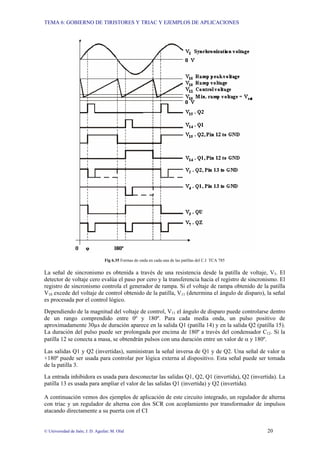 TEMA 6: GOBIERNO DE TIRISTORES Y TRIAC Y EJEMPLOS DE APLICACIONES
© Universidad de Jaén; J. D. Aguilar; M. Olid 20
Fig 6.35 Formas de onda en cada una de las patillas del C.I TCA 785
La señal de sincronismo es obtenida a través de una resistencia desde la patilla de voltaje, V5. El
detector de voltaje cero evalúa el paso por cero y la transferencia hacia el registro de sincronismo. El
registro de sincronismo controla el generador de rampa. Si el voltaje de rampa obtenido de la patilla
V10 excede del voltaje de control obtenido de la patilla, V11 (determina el ángulo de disparo), la señal
es procesada por el control lógico.
Dependiendo de la magnitud del voltaje de control, V11 el ángulo de disparo puede controlarse dentro
de un rango comprendido entre 0º y 180º. Para cada media onda, un pulso positivo de
aproximadamente 30µs de duración aparece en la salida Q1 (patilla 14) y en la salida Q2 (patilla 15).
La duración del pulso puede ser prolongada por encima de 180º a través del condensador C12. Si la
patilla 12 se conecta a masa, se obtendrán pulsos con una duración entre un valor de α y 180º.
Las salidas Q1 y Q2 (invertidas), suministran la señal inversa de Q1 y de Q2. Una señal de valor α
+180º puede ser usada para controlar por lógica externa al dispositivo. Esta señal puede ser tomada
de la patilla 3.
La entrada inhibidora es usada para desconectar las salidas Q1, Q2, Q1 (invertida), Q2 (invertida). La
patilla 13 es usada para ampliar el valor de las salidas Q1 (invertida) y Q2 (invertida).
A continuación vemos dos ejemplos de aplicación de este circuito integrado, un regulador de alterna
con triac y un regulador de alterna con dos SCR con acoplamiento por transformador de impulsos
atacando directamente a su puerta con el CI
 