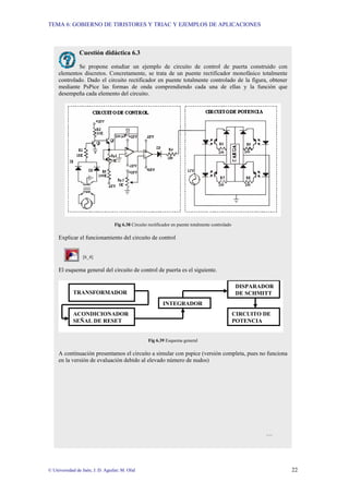 TEMA 6: GOBIERNO DE TIRISTORES Y TRIAC Y EJEMPLOS DE APLICACIONES
© Universidad de Jaén; J. D. Aguilar; M. Olid 22
Cuestión didáctica 6.3
Se propone estudiar un ejemplo de circuito de control de puerta construido con
elementos discretos. Concretamente, se trata de un puente rectificador monofásico totalmente
controlado. Dado el circuito rectificador en puente totalmente controlado de la figura, obtener
mediante PsPice las formas de onda comprendiendo cada una de ellas y la función que
desempeña cada elemento del circuito.
Fig 6.38 Circuito rectificador en puente totalmente controlado
Explicar el funcionamiento del circuito de control
[6_4]
El esquema general del circuito de control de puerta es el siguiente.
ACONDICIONADOR
SEÑAL DE RESET
INTEGRADOR
DISPARADOR
DE SCHMITT
TRANSFORMADOR
CIRCUITO DE
POTENCIA
Fig 6.39 Esquema general
A continuación presentamos el circuito a simular con pspice (versión completa, pues no funciona
en la versión de evaluación debido al elevado número de nudos)
…
 
