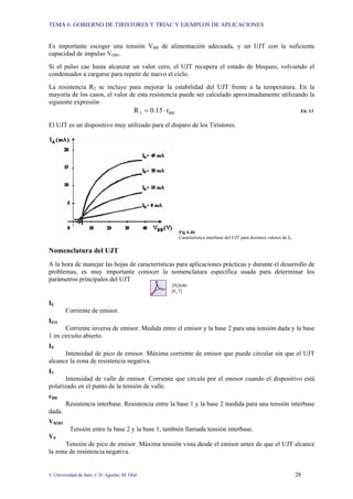 TEMA 6: GOBIERNO DE TIRISTORES Y TRIAC Y EJEMPLOS DE APLICACIONES
© Universidad de Jaén; J. D. Aguilar; M. Olid 28
Es importante escoger una tensión VBB de alimentación adecuada, y un UJT con la suficiente
capacidad de impulso VOB1.
Si el pulso cae hasta alcanzar un valor cero, el UJT recupera el estado de bloqueo, volviendo el
condensador a cargarse para repetir de nuevo el ciclo.
La resistencia R2 se incluye para mejorar la estabilidad del UJT frente a la temperatura. En la
mayoría de los casos, el valor de esta resistencia puede ser calculado aproximadamente utilizando la
siguiente expresión
BB
2 r
0.15
R ⋅
= E6. 13
El UJT es un dispositivo muy utilizado para el disparo de los Tiristores.
Fig 6.46
Característica interbase del UJT para distintos valores de IE
Nomenclatura del UJT
A la hora de manejar las hojas de características para aplicaciones prácticas y durante el desarrollo de
problemas, es muy importante conocer la nomenclatura específica usada para determinar los
parámetros principales del UJT
2N2646
[6_7]
IE
Corriente de emisor.
IEO
Corriente inversa de emisor. Medida entre el emisor y la base 2 para una tensión dada y la base
1 en circuito abierto.
IP
Intensidad de pico de emisor. Máxima corriente de emisor que puede circular sin que el UJT
alcance la zona de resistencia negativa.
IV
Intensidad de valle de emisor. Corriente que circula por el emisor cuando el dispositivo está
polarizado en el punto de la tensión de valle.
rBB
Resistencia interbase. Resistencia entre la base 1 y la base 2 medida para una tensión interbase
dada.
VB2B1
Tensión entre la base 2 y la base 1, también llamada tensión interbase.
VP
Tensión de pico de emisor. Máxima tensión vista desde el emisor antes de que el UJT alcance
la zona de resistencia negativa.
 