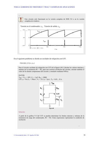 TEMA 6: GOBIERNO DE TIRISTORES Y TRIAC Y EJEMPLOS DE APLICACIONES
© Universidad de Jaén; J. D. Aguilar; M. Olid 30
En el siguiente problema se diseña un oscilador de relajación con UJT.
PROBLEMA 6.4
…
Este circuito solo funcionará en la versión completa de DOS 5.0 o en la versión
completa de windows
Tensión en el condensador, vCT Tensión de salida, vsal
Ti me
0s 4ms 8ms 12ms
1 V( 2) 2 V( 4)
- 10V
0V
10V
1
0V
5V
10V
2
>>
vCT
vsal
Para el circuito oscilador de relajación con UJT de la figura 6.48. Calcular los valores máximo y
mínimo de la resistencia R1 + R2, para una correcta oscilación del circuito, calcular también el
valor de los demás componentes del circuito y simularlo mediante PsPice.
DATOS:
VBB = VCC = 20V; CA = 1µF; RB1 = 100Ω
UJT: µ = 0.6; IV = 10mA ; VV = 2V; IP = 5µA ; TD = 0.01... 0.1s
Fig 6.48
Solución:
A partir de la gráfica V-I del UJT se pueden determinar los límites máximo y mínimo de la
resistencia de carga del condensador, R1 + R2. Estas expresiones representan la condición de
oscilación
…
 