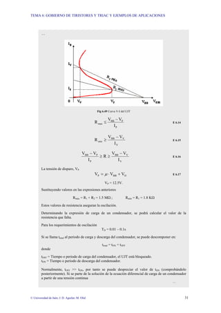 TEMA 6: GOBIERNO DE TIRISTORES Y TRIAC Y EJEMPLOS DE APLICACIONES
© Universidad de Jaén; J. D. Aguilar; M. Olid 31
…
Fig 6.49 Curva V-I del UJT
P
P
BB
max
I
V
V
R
−
≤ E 6.14
V
V
BB
min
I
V
V
R
−
≥ E 6.15
V
V
BB
P
P
BB
I
V
V
R
I
V
V −
≥
≥
−
E 6.16
La tensión de disparo, VP
D
BB
P V
V
V +
⋅
= µ E 6.17
VP = 12.5V.
Sustituyendo valores en las expresiones anteriores
Rmáx = R1 + R2 = 1.5 MΩ ; Rmín = R1 = 1.8 KΩ
Estos valores de resistencia aseguran la oscilación.
Determinando la expresión de carga de un condensador, se podrá calcular el valor de la
resistencia que falta.
Para los requerimientos de oscilación
TD = 0.01 – 0.1s
Si se llama ttotal al periodo de carga y descarga del condensador, se puede descomponer en:
ttotal = tON + tOFF
donde
tOFF = Tiempo o periodo de carga del condensador, el UJT está bloqueado.
tON = Tiempo o periodo de descarga del condensador.
Normalmente, tOFF >> tON, por tanto se puede despreciar el valor de tON (comprobándolo
posteriormente). Si se parte de la solución de la ecuación diferencial de carga de un condensador
a partir de una tensión continua
…
 