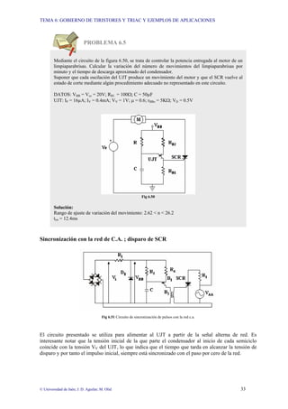 TEMA 6: GOBIERNO DE TIRISTORES Y TRIAC Y EJEMPLOS DE APLICACIONES
© Universidad de Jaén; J. D. Aguilar; M. Olid 33
PROBLEMA 6.5
Sincronización con la red de C.A. ; disparo de SCR
Fig 6.51 Circuito de sincronización de pulsos con la red c.a.
El circuito presentado se utiliza para alimentar al UJT a partir de la señal alterna de red. Es
interesante notar que la tensión inicial de la que parte el condensador al inicio de cada semiciclo
coincide con la tensión VV del UJT, lo que indica que el tiempo que tarda en alcanzar la tensión de
disparo y por tanto el impulso inicial, siempre está sincronizado con el paso por cero de la red.
Mediante el circuito de la figura 6.50, se trata de controlar la potencia entregada al motor de un
limpiaparabrisas. Calcular la variación del número de movimientos del limpiaparabrisas por
minuto y el tiempo de descarga aproximado del condensador.
Suponer que cada oscilación del UJT produce un movimiento del motor y que el SCR vuelve al
estado de corte mediante algún procedimiento adecuado no representado en este circuito.
DATOS: VBB = Vcc = 20V; RB1 = 100Ω; C = 50µF
UJT: IP = 16µA; IV = 0.4mA; VV = 1V; µ = 0.6; rBBo = 5KΩ; VD = 0.5V
Fig 6.50
Solución:
Rango de ajuste de variación del movimiento: 2.62 < n < 26.2
ton = 12.4ms
 