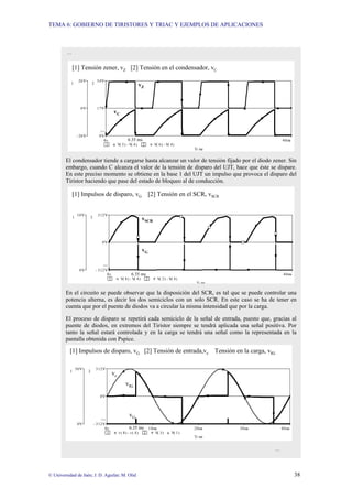TEMA 6: GOBIERNO DE TIRISTORES Y TRIAC Y EJEMPLOS DE APLICACIONES
© Universidad de Jaén; J. D. Aguilar; M. Olid 38
…
[1] Tensión zener, vZ [2] Tensión en el condensador, vC
Ti me
0s 40ms
1 V( 5) - V( 4) 2 V( 6) - V( 4)
- 26V
0V
26V
1
0V
17V
34V
2
>>
vC
vZ
6.35 ms
El condensador tiende a cargarse hasta alcanzar un valor de tensión fijado por el diodo zener. Sin
embargo, cuando C alcanza el valor de la tensión de disparo del UJT, hace que éste se dispare.
En este preciso momento se obtiene en la base 1 del UJT un impulso que provoca el disparo del
Tiristor haciendo que pase del estado de bloqueo al de conducción.
[1] Impulsos de disparo, vG [2] Tensión en el SCR, vSCR
Ti me
0s 40ms
1 V( 8) - V( 4) 2 V( 2) - V( 4)
0V
10V
1
- 312V
0V
312V
2
>>
vSCR
vG
6.35 ms
En el circuito se puede observar que la disposición del SCR, es tal que se puede controlar una
potencia alterna, es decir los dos semiciclos con un solo SCR. En este caso se ha de tener en
cuenta que por el puente de diodos va a circular la misma intensidad que por la carga.
El proceso de disparo se repetirá cada semiciclo de la señal de entrada, puesto que, gracias al
puente de diodos, en extremos del Tiristor siempre se tendrá aplicada una señal positiva. Por
tanto la señal estará controlada y en la carga se tendrá una señal como la representada en la
pantalla obtenida con Pspice.
[1] Impulsos de disparo, vG [2] Tensión de entrada,ve Tensión en la carga, vRL
Ti me
0s 10ms 20ms 30ms 40ms
1 v( 8) - v( 4) 2 V( 3) V( 1)
0V
50V
1
- 312V
0V
312V
2
>>
vG
vRL
ve
6.35 ms
…
 
