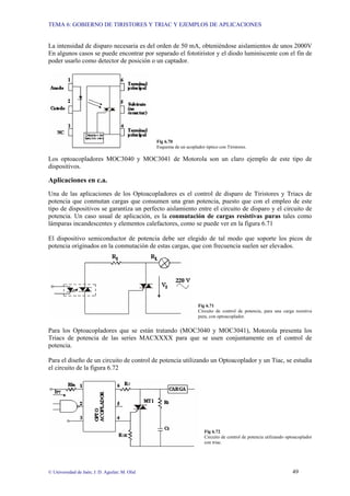 TEMA 6: GOBIERNO DE TIRISTORES Y TRIAC Y EJEMPLOS DE APLICACIONES
© Universidad de Jaén; J. D. Aguilar; M. Olid 49
La intensidad de disparo necesaria es del orden de 50 mA, obteniéndose aislamientos de unos 2000V
En algunos casos se puede encontrar por separado el fototiristor y el diodo luminiscente con el fin de
poder usarlo como detector de posición o un captador.
Fig 6.70
Esquema de un acoplador óptico con Tiristores.
Los optoacopladores MOC3040 y MOC3041 de Motorola son un claro ejemplo de este tipo de
dispositivos.
Aplicaciones en c.a.
Una de las aplicaciones de los Optoacopladores es el control de disparo de Tiristores y Triacs de
potencia que conmutan cargas que consumen una gran potencia, puesto que con el empleo de este
tipo de dispositivos se garantiza un perfecto aislamiento entre el circuito de disparo y el circuito de
potencia. Un caso usual de aplicación, es la conmutación de cargas resistivas puras tales como
lámparas incandescentes y elementos calefactores, como se puede ver en la figura 6.71
El dispositivo semiconductor de potencia debe ser elegido de tal modo que soporte los picos de
potencia originados en la conmutación de estas cargas, que con frecuencia suelen ser elevados.
Fig 6.71
Circuito de control de potencia, para una carga resistiva
pura, con optoacoplador.
Para los Optoacopladores que se están tratando (MOC3040 y MOC3041), Motorola presenta los
Triacs de potencia de las series MACXXXX para que se usen conjuntamente en el control de
potencia.
Para el diseño de un circuito de control de potencia utilizando un Optoacoplador y un Tiac, se estudia
el circuito de la figura 6.72
Fig 6.72
Circuito de control de potencia utilizando optoacoplador
con triac.
 