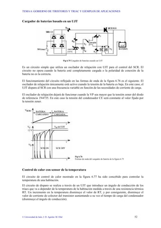 TEMA 6: GOBIERNO DE TIRISTORES Y TRIAC Y EJEMPLOS DE APLICACIONES
© Universidad de Jaén; J. D. Aguilar; M. Olid 52
Cargador de baterías basado en un UJT
Fig 6.75 Cargador de baterías usando un UJT
Es un circuito simple que utiliza un oscilador de relajación con UJT para el control del SCR. El
circuito no opera cuando la batería esté completamente cargada o la polaridad de conexión de la
batería no es la correcta.
El funcionamiento del circuito reflejado en las formas de onda de la figura 6.76 es el siguiente. El
oscilador de relajación únicamente está activo cuando la tensión de la batería es baja. En este caso, el
UJT dispara al SCR con una frecuencia variable en función de las necesidades de corriente de carga.
El oscilador de relajación dejará de funcionar cuando la VP sea mayor que la tensión zener del diodo
de referencia 1N4735. En este caso la tensión del condensador CE será constante al valor fijado por
la tensión zener.
Fig 6.76
Formas de onda del cargador de batería de la figura 6.75
Control de calor con sensor de la temperatura
El circuito de control de calor mostrado en la figura 6.77 ha sido concebido para controlar la
temperatura de una habitación.
El circuito de disparo se realiza a través de un UJT que introduce un ángulo de conducción de los
triacs que va a depender de la temperatura de la habitación medida a través de una resistencia térmica
RT. Un incremento en la temperatura disminuye el valor de RT, y por consiguiente, disminuye el
valor de corriente de colector del transistor aumentando a su vez el tiempo de carga del condensador
(disminuye el ángulo de conducción).
 