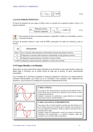 TEMA1: POTENCIA Y ARMÓNICOS
© Universidad de Jaén. J. D. Aguilar; M. Olid 6
( )
∫
=
=
T
0
2
2
RMS
2
ef dt
t
i
T
1
I
I E 1.20
1.3.6 FACTOR DE POTENCIA
El factor de potencia de una carga se define como el cociente de la potencia media o activa y la
potencia aparente:
( )
φ
θ
cos
I
V
P
S
P
Aparente
Potencia
Activa
Potencia
FP
RMS
RMS
−
=
=
=
= E 1.21
Esta ecuación de factor de potencia tampoco es aplicable a señales no sinusoidales, como se
verá posteriormente.
El factor de potencia utiliza el valor total de RMS, incluyendo así todos los armónicos, para su
cálculo.
f.p. Interpretación
0 a 1 No se consume toda la potencia suministrada, presencia de potencia reactiva.
1 El dispositivo consume toda la potencia suministrada, no hay potencia reactiva.
-1 El dispositivo genera potencia, corriente y tensión en fase.
-1 a 0 El dispositivo genera potencia, adelantos o retrasos de corriente
1.4 Cargas lineales y no lineales.
Hasta ahora, la mayor parte de las cargas utilizadas en la red eléctrica eran cargas lineales, cargas que
daban lugar a corrientes con la misma forma de onda que la tensión, es decir, prácticamente
sinusoidales.
Con la llegada de la electrónica integrada a numerosos dispositivos eléctricos, las cargas producen
corrientes distorsionadas cuya forma ya no es sinusoidal. Estas corrientes están compuestas por
armónicos, cuya frecuencia es múltiplo de la frecuencia fundamental de 50 Hz.
CARGA LINEAL:
Una carga se dice lineal cuando la corriente que ella absorbe tiene la
misma forma que la tensión que la alimenta. Esta corriente no tiene
componentes armónicos.
Ejemplo: resistencias de calefactores, cargas inductivas en régimen
permanente (motores, transformadores...)
CARGA NO LINEAL O DEFORMANTE:
Una carga se dice no lineal cuando la corriente que ella absorbe no es
de la misma forma que la tensión que la alimenta. Esta corriente es
rica en componentes armónicos donde su espectro será función de la
naturaleza de la carga.
Ejemplo: fuentes de alimentación, control de motores de inducción,
entrehierro del transformador y en general cualquier carga que
incorpore un convertidor estático de potencia.
 