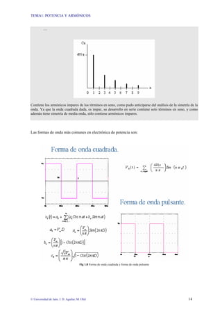 TEMA1: POTENCIA Y ARMÓNICOS
© Universidad de Jaén. J. D. Aguilar; M. Olid 14
…
Contiene los armónicos impares de los términos en seno, como pudo anticiparse del análisis de la simetría de la
onda. Ya que la onda cuadrada dada, es impar, su desarrollo en serie contiene solo términos en seno, y como
además tiene simetría de media onda, sólo contiene armónicos impares.
Las formas de onda más comunes en electrónica de potencia son:
Fig 1.8 Forma de onda cuadrada y forma de onda pulsante
 