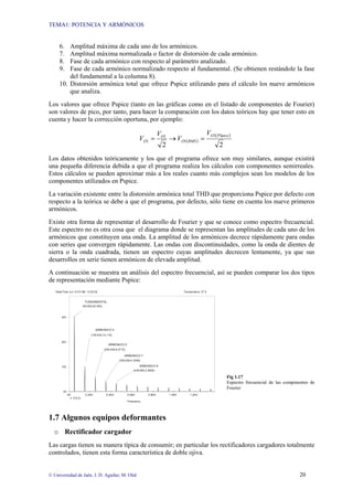 TEMA1: POTENCIA Y ARMÓNICOS
© Universidad de Jaén. J. D. Aguilar; M. Olid 20
6. Amplitud máxima de cada uno de los armónicos.
7. Amplitud máxima normalizada o factor de distorsión de cada armónico.
8. Fase de cada armónico con respecto al parámetro analizado.
9. Fase de cada armónico normalizado respecto al fundamental. (Se obtienen restándole la fase
del fundamental a la columna 8).
10. Distorsión armónica total que ofrece Pspice utilizando para el cálculo los nueve armónicos
que analiza.
Los valores que ofrece Pspice (tanto en las gráficas como en el listado de componentes de Fourier)
son valores de pico, por tanto, para hacer la comparación con los datos teóricos hay que tener esto en
cuenta y hacer la corrección oportuna, por ejemplo:
( )
( )
2
2
1
1
1
1
PSpice
O
RMS
O
O
O
V
V
V
V =
→
=
Los datos obtenidos teóricamente y los que el programa ofrece son muy similares, aunque existirá
una pequeña diferencia debida a que el programa realiza los cálculos con componentes semirreales.
Estos cálculos se pueden aproximar más a los reales cuanto más complejos sean los modelos de los
componentes utilizados en Pspice.
La variación existente entre la distorsión armónica total THD que proporciona Pspice por defecto con
respecto a la teórica se debe a que el programa, por defecto, sólo tiene en cuenta los nueve primeros
armónicos.
Existe otra forma de representar el desarrollo de Fourier y que se conoce como espectro frecuencial.
Este espectro no es otra cosa que el diagrama donde se representan las amplitudes de cada uno de los
armónicos que constituyen una onda. La amplitud de los armónicos decrece rápidamente para ondas
con series que convergen rápidamente. Las ondas con discontinuidades, como la onda de dientes de
sierra o la onda cuadrada, tienen un espectro cuyas amplitudes decrecen lentamente, ya que sus
desarrollos en serie tienen armónicos de elevada amplitud.
A continuación se muestra un análisis del espectro frecuencial, así se pueden comparar los dos tipos
de representación mediante Pspice:
Fig 1.17
Espectro frecuencial de las componentes de
Fourier
1.7 Algunos equipos deformantes
o Rectificador cargador
Las cargas tienen su manera típica de consumir; en particular los rectificadores cargadores totalmente
controlados, tienen esta forma característica de doble ojiva.
0H 0.2KH 0.4KH 0.6KH 0.8KH 1.0KH 1.2KH
Frequency
V(3,0)
30V
20V
10V
0V
(449.982,3.3909)
(350.000,4.3365)
(250.000,6.0710)
(150.000,10.118)
(50.000,30.355)
Date/Time run: 01/31/96 12:53:52 Temperature: 27.0
FUNDAMENTAL
ARMONICO 3
ARMONICO 5
ARMONICO 7
ARMONICO 9
 