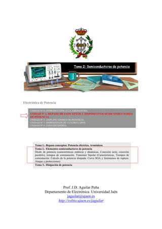 Electrónica de Potencia
Prof. J.D. Aguilar Peña
Departamento de Electrónica. Universidad Jaén
jaguilar@ujaen.es
http://voltio.ujaen.es/jaguilar
UNIDAD Nº 0. INTRODUCCIÓN A LA ASIGNATURA
UNIDAD Nº 1. REPASO DE CONCEPTOS Y DISPOSITIVOS SEMICONDUCTORES
DE POTENCIA
UNIDAD Nº 2. AMPLIFICADORES DE POTENCIA
UNIDAD Nº 3. DISPOSITIVOS DE CUATRO CAPAS
UNIDAD Nº 4. CONVERTIDORES
Tema 1.- Repaso conceptos: Potencia eléctrica. Armónicos
Tema 2.- Elementos semiconductores de potencia
Diodo de potencia (características estáticas y dinámicas. Conexión serie, conexión
paralelo), tiempos de conmutación. Transistor bipolar (Características. Tiempos de
conmutación. Calculo de la potencia disipada. Curva SOA y fenómenos de ruptura.
Ataque y protecciones)
Tema 3.- Disipación de potencia
 