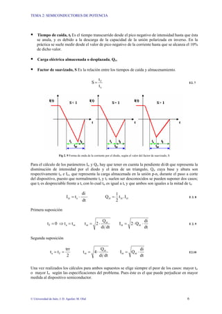 TEMA 2: SEMICONDUCTORES DE POTENCIA
© Universidad de Jaén; J. D. Aguilar; M. Olid 6
ƒ Tiempo de caída, tf Es el tiempo transcurrido desde el pico negativo de intensidad hasta que ésta
se anula, y es debido a la descarga de la capacidad de la unión polarizada en inverso. En la
práctica se suele medir desde el valor de pico negativo de la corriente hasta que se alcanza el 10%
de dicho valor.
ƒ Carga eléctrica almacenada o desplazada, Qrr
ƒ Factor de suavizado, S Es la relación entre los tiempos de caída y almacenamiento.
s
f
t
t
S = E2. 7
Fig 2. 9 Forma de onda de la corriente por el diodo, según el valor del factor de suavizado, S
Para el cálculo de los parámetros Irr y Qrr hay que tener en cuenta la pendiente di/dt que representa la
disminución de intensidad por el diodo y el área de un triangulo, Qrr cuya base y altura son
respectivamente trr e Irr, que representa la carga almacenada en la unión p-n, durante el paso a corte
del dispositivo, puesto que normalmente ts y tf suelen ser desconocidos se pueden suponer dos casos;
que tf es despreciable frente a ts con lo cual trr es igual a ts y que ambos son iguales a la mitad de trr
rr
rr
rr
s
rr I
.
t
2
1
Q
dt
di
t
I =
⋅
= E 2. 8
Primera suposición
dt
di
Q
2
I
dt
di
Q
2
t
t
t
0
t rr
rr
rr
rr
rr
s
f ⋅
⋅
=
⋅
=
=
⇒
= E 2. 9
Segunda suposición
dt
di
Q
I
dt
di
Q
4
t
2
trr
t
t rr
rr
rr
rr
f
s ⋅
=
⋅
=
=
= E2.10
Una vez realizados los cálculos para ambos supuestos se elige siempre el peor de los casos: mayor trr
o mayor Irr según las especificaciones del problema. Pues éste es el que puede perjudicar en mayor
medida al dispositivo semiconductor.
 