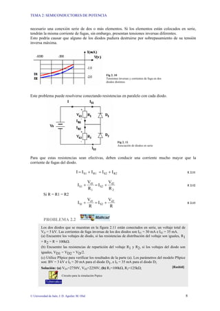 TEMA 2: SEMICONDUCTORES DE POTENCIA
© Universidad de Jaén; J. D. Aguilar; M. Olid 8
necesario una conexión serie de dos o más elementos. Si los elementos están colocados en serie,
tendrán la misma corriente de fugas, sin embargo, presentan tensiones inversas diferentes.
Esto podría causar que alguno de los diodos pudiera destruirse por sobrepasamiento de su tensión
inversa máxima.
Fig 2. 10
Tensiones inversas y corrientes de fuga en dos
diodos distintos
Este problema puede resolverse conectando resistencias en paralelo con cada diodo.
Fig 2. 11
Asociación de diodos en serie
Para que estas resistencias sean efectivas, deben conducir una corriente mucho mayor que la
corriente de fugas del diodo.
R2
S2
R1
S1 I
I
I
I
I +
=
+
= E 2.11
2
d2
S2
1
d1
S1
R
V
I
R
V
I +
=
+ E 2.12
Si R = R1 = R2
R
V
I
R
V
I d2
S2
d1
1
S +
=
+ E 2.13
PROBLEMA 2.2
PROBLEMA 2.2
Los dos diodos que se muestran en la figura 2.11 están conectados en serie, un voltaje total de
VD = 5 kV. Las corrientes de fuga inversas de los dos diodos son IS1 = 30 mA e IS2 = 35 mA.
(a) Encuentre los voltajes de diodo, si las resistencias de distribución del voltaje son iguales, R1
= R2 = R = 100kΩ.
(b) Encuentre las resistencias de repartición del voltaje R1 y R2, si los voltajes del diodo son
iguales, VD1 = VD2 = VD/2.
(c) Utilice PSpice para verificar los resultados de la parte (a). Los parámetros del modelo PSpice
son: BV = 3 kV e IS = 20 mA para el diodo D1, e IS = 35 mA para el diodo D2
Solución: (a) VD1=2750V, VD2=2250V; (b) R1=100kΩ, R2=125kΩ; [Rashid]
Circuito para la simulación Pspice
 