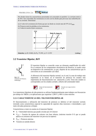 TEMA 2: SEMICONDUCTORES DE POTENCIA
© Universidad de Jaén; J. D. Aguilar; M. Olid 11
PROBLEMA 2.6
2.2 Transistor Bipolar, BJT
El transistor bipolar es conocido como un elemento amplificador de señal.
En el contexto de los componentes electrónicos de Potencia, es usado como
un dispositivo de conmutación, ya que, dispone de las características que lo
convierten en un conmutador casi ideal.
A diferencia del transistor bipolar normal, en el cual, la zona de trabajo más
importante es la lineal, en el transistor de potencia los estados más
importantes de funcionamiento son saturación y corte. Estos dos estados se
corresponden con los estados cerrado y abierto del conmutador ideal.
Zonas de funcionamiento Circuito con carga resistiva
[2_8] [2_9]
Los transistores bipolares de alta potencia se utilizan fundamentalmente para trabajar con frecuencias
por debajo de 10KHz y en aplicaciones que requieran 1.200 V y 400 A como máximo.
2.2.1 CARACTERÍSTICAS DEL TRANSISTOR BIPOLAR
El funcionamiento y utilización del transistor de potencia es idéntico al del transistor normal,
teniendo como característica especial la capacidad de soportar altas tensiones e intensidades y por
tanto elevadas potencias a disipar.
Características a tener en cuenta en el transistor bipolar:
• IC = Intensidad máxima que puede circular por el Colector
• VCE0 = Tensión de ruptura de colector con base abierta, (máxima tensión C-E que se puede
aplicar en extremos del transistor sin provoca la ruptura)
• Pmax = Potencia máxima
• Tensión en sentido directo
Fig 2. 13
Transistor de Potencia.
Simbología
Dos diodos tienen las características presentadas son conectados en paralelo. La corriente total es
de 50A. Son conectadas dos resistencias en serie con los diodos para provocar una redistribución
de la corriente. Determinar:
(a) el valor de la resistencia de forma que por un diodo no circule más del 55% de Imax
(b) Potencia total de pérdidas en las resistencias.
(c) Caída de tensión diodo resistencia.
Solución: (a) R=0.06Ω; (b) PR=75.8W; (c) V=2.95V [Ashfaq]
 