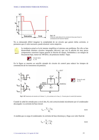 TEMA 2: SEMICONDUCTORES DE POTENCIA
© Universidad de Jaén; J. D. Aguilar; M. Olid 19
Fig 2. 19
Forma de onda idónea de la corriente de base para forzar la
conmutación del transistor bipolar.
No es demasiado difícil imaginar la complejidad de un circuito que genere dicha corriente, si
pensamos que el valor necesario, puede alcanzar varios amperios.
La tendencia actual es la de intentar simplificar al máximo este problema. Por ello se han
desarrollado distintos circuitos integrados (drivers), que con la adición de muy pocos
componentes exteriores logran generar la función de ataque, limitándose a un margen de
frecuencias bajo, menor de 100 KHz y de potencias medias / bajas.
Circuito típico
[2_14]
En la figura se muestra un sencillo ejemplo de circuito de control para reducir los tiempos de
conmutación de los transistores de potencia.
Forma de onda
[2_15]
Fig 2. 20 Transitorios de tensión en la fuente, Ve y de corriente en la base, Ib Circuito para el control del transistor.
Cuando la señal de entrada pasa a nivel alto, R2 está cortocircuitada inicialmente por el condensador
descargado. La corriente de base inicial:
1
BE
i
B1
R
v
V
I
−
= E2.31
A medida que se carga el condensador, la corriente de base disminuye y llega a un valor final de:
2
1
BE
i
B2
R
v
V
I
R
+
−
= E2.32
IBmáx
IBmin
IB
Ve
-Ve
t
t1 t2
t
 