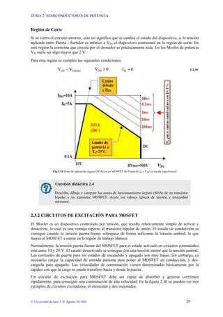 TEMA 2: SEMICONDUCTORES DE POTENCIA
© Universidad de Jaén; J. D. Aguilar; M. Olid 29
Región de Corte
Si se cierra el circuito exterior, esto no significa que se cambie el estado del dispositivo, si la tensión
aplicada entre Puerta - Surtidor es inferior a Vth, el dispositivo continuará en la región de corte. En
esta región la corriente que circula por el drenador es prácticamente nula. En los Mosfet de potencia
Vth suele ser algo mayor que 2 V.
Para esta región se cumplen las siguientes condiciones:
0
I
0
V
V
V D
DS
GS(th)
GS ≈
≥
< E 2.50
Fig 2.29 Zona de operación segura (SOA) en un MOSFET de Potencia (iD y VDS en escala logarítmica)
2.3.2 CIRCUITOS DE EXCITACIÓN PARA MOSFET
El Mosfet es un dispositivo controlado por tensión, que resulta relativamente simple de activar y
desactivar, lo cual es una ventaja repecto al transistor bipolar de unión. El estado de conducción se
consigue cuando la tensión puerta-fuente sobrepasa de forma suficiente la tensión umbral, lo que
fuerza al MOSFET a entrar en la región de trabajo óhmica.
Normalmente, la tensión puerta-fuente del MOSFET para el estado activado en circuitos conmutados
está entre 10 y 20 V. El estado desactivado se consigue con una tensión menor que la tensión umbral.
Las corrientes de puerta para los estados de encendido y apagado son muy bajas. Sin embargo, es
necesario cargar la capacidad de entrada parásita para poner al MOSFET en conducción, y des-
cargarla para apagarlo. Las velocidades de conmutación vienen determinadas básicamente por la
rapidez con que la carga se puede transferir hacia y desde la puerta.
Un circuito de excitación para MOSFET debe ser capaz de absorber y generar corrientes
rápidamente, para conseguir una conmutación de alta velocidad. En la figura 2.30 se pueden ver tres
ejemplos de circuitos excitadores, el elemental y dos mejorados.
Cuestión didáctica 2.4
Describa, dibuje y compare las zonas de funcionamiento seguro (SOA) de un transistor
bipolar y un transistor MOSFET. Acote los valores típicos de tensión e intensidad
máximos.
 
