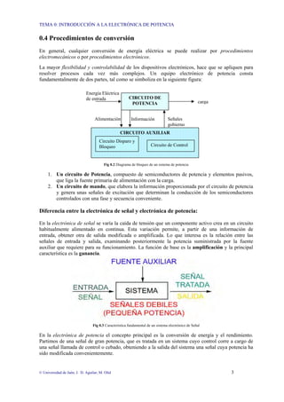 TEMA 0: INTRODUCCIÓN A LA ELECTRÓNICA DE POTENCIA
© Universidad de Jaén; J. D. Aguilar; M. Olid 3
CIRCUITO AUXILIAR
0.4 Procedimientos de conversión
En general, cualquier conversión de energía eléctrica se puede realizar por procedimientos
electromecánicos o por procedimientos electrónicos.
La mayor flexibilidad y controlabilidad de los dispositivos electrónicos, hace que se apliquen para
resolver procesos cada vez más complejos. Un equipo electrónico de potencia consta
fundamentalmente de dos partes, tal como se simboliza en la siguiente figura:
Fig 0.2 Diagrama de bloques de un sistema de potencia
1. Un circuito de Potencia, compuesto de semiconductores de potencia y elementos pasivos,
que liga la fuente primaria de alimentación con la carga.
2. Un circuito de mando, que elabora la información proporcionada por el circuito de potencia
y genera unas señales de excitación que determinan la conducción de los semiconductores
controlados con una fase y secuencia conveniente.
Diferencia entre la electrónica de señal y electrónica de potencia:
En la electrónica de señal se varía la caída de tensión que un componente activo crea en un circuito
habitualmente alimentado en continua. Esta variación permite, a partir de una información de
entrada, obtener otra de salida modificada o amplificada. Lo que interesa es la relación entre las
señales de entrada y salida, examinando posteriormente la potencia suministrada por la fuente
auxiliar que requiere para su funcionamiento. La función de base es la amplificación y la principal
característica es la ganancia.
Fig 0.3 Característica fundamental de un sistema electrónico de Señal
En la electrónica de potencia el concepto principal es la conversión de energía y el rendimiento.
Partimos de una señal de gran potencia, que es tratada en un sistema cuyo control corre a cargo de
una señal llamada de control o cebado, obteniendo a la salida del sistema una señal cuya potencia ha
sido modificada convenientemente.
CIRCUITO DE
POTENCIA
Circuito Disparo y
Bloqueo Circuito de Control
Alimentación Información Señales
gobierno
Energía Eléctrica
de entrada
carga
 