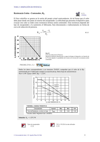 TEMA 3: DISIPACIÓN DE POTENCIA
© Universidad de Jaén; J. D. Aguilar Peña; M. Olid 4
Resistencia Unión - Contenedor, Rjc [3_7]
(168 Kb)
El foco calorífico se genera en la unión del propio cristal semiconductor, de tal forma que el calor
debe pasar desde este punto al exterior del encapsulado. La dificultad que presenta el dispositivo para
evacuar este calor se mide como resistencia térmica unión contenedor. Esta resistencia depende del
tipo de encapsulado y la suministra el fabricante, bien directamente o indirectamente en forma de
curva de reducción de potencia.
d
c
jmax
jc
P
T
T
R
−
= E 3. 2
Fig 3.5
Curva de reducción de Potencia.
Muestra la potencia máxima que es capaz de disipar el dispositivo en función de
la Tª de la cápsula. La pendiente de la recta es la inversa de la resistencia unión
contenedor.
PROBLEMA 3.1
Tipos de encapsulados TO.3 y TO.220, los más utilizados
[3_8] [3_9]
Dados los datos correspondientes a un transistor 2N3055, comprobar que el valor de la Rjc
suministrada por el fabricante cumple la ecuación [E3.2]. Datos hoja de características:
Wat=115W Tjmax=200ºC Rjc = 1,52ºC
Solución: Rjc = 1.52ºC/W
 