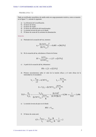TEMA 7: CONVERTIDORES AC/DC: RECTIFICACIÓN
© Universidad de Jaén; J. D. Aguilar; M. Olid 5
PROBLEMA 7.2
Dado un rectificador monofásico de media onda con carga puramente resistiva, como se muestra
en la figura 7.1, calcular lo siguiente:
a) La eficiencia de la rectificación.
b) El factor de forma.
c) El factor de rizado.
d) El factor de utilización del transformador.
e) La tensión inversa de pico en el diodo.
f) El factor de cresta de la corriente de alimentación.
Solución:
a) Partiendo de la ecuación [E7.11], tenemos:
( )
( )
( )
40,5%
0,405
V
0,5
V
0,318
η 2
max
2
max
→
=
=
b) De la ecuación [E7.4], calculamos el factor de forma:
( )
157%
1,57
V
0,318
V
0,5
FF
max
max
→
=
=
c) A partir de la ecuación [E7.5], obtenemos:
( )
121%
1,21
FR →
=
d) Primero necesitaremos saber el valor de la tensión eficaz y el valor eficaz de la
intensidad en el secundario:
max
max
S V
0,707
2
V
V =
=
R
V
0,5
I max
S =
( )
R
V
0,5
V
0,707
I
V
S max
max
S
S =
=
( )
( )
( )( )
3,496
TUF
1
0,286
0,5
0,707
0,318
R
V
0,5
V
0,707
I
V
I
V
P
TUF
2
max
max
dc
dc
S
S
dc
=
→
=
=
=
=
e) La tensión inversa de pico en el diodo:
max
V
PIV =
f) El factor de cresta será:
( )
2
0,5
1
R
V
0,5
R
V
I
I
CF
max
max
S
pico
S
=
=
=
=
 