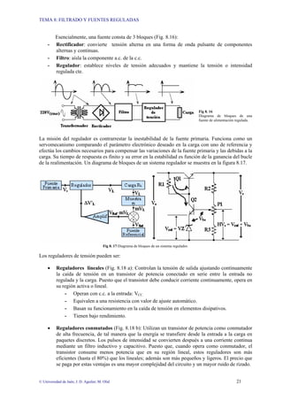 TEMA 8: FILTRADO Y FUENTES REGULADAS
© Universidad de Jaén; J. D. Aguilar; M. Olid 21
Esencialmente, una fuente consta de 3 bloques (Fig. 8.16):
- Rectificador: convierte tensión alterna en una forma de onda pulsante de componentes
alternas y continuas.
- Filtro: aísla la componente a.c. de la c.c.
- Regulador: establece niveles de tensión adecuados y mantiene la tensión o intensidad
regulada cte.
Fig 8. 16
Diagrama de bloques de una
fuente de alimentación regulada.
La misión del regulador es contrarrestar la inestabilidad de la fuente primaria. Funciona como un
servomecanismo comparando el parámetro electrónico deseado en la carga con uno de referencia y
efectúa los cambios necesarios para compensar las variaciones de la fuente primaria y las debidas a la
carga. Su tiempo de respuesta es finito y su error en la estabilidad es función de la ganancia del bucle
de la realimentación. Un diagrama de bloques de un sistema regulador se muestra en la figura 8.17.
Fig 8. 17 Diagrama de bloques de un sistema regulador.
Los reguladores de tensión pueden ser:
• Reguladores lineales (Fig. 8.18 a): Controlan la tensión de salida ajustando continuamente
la caída de tensión en un transistor de potencia conectado en serie entre la entrada no
regulada y la carga. Puesto que el transistor debe conducir corriente continuamente, opera en
su región activa o lineal.
- Operan con c.c. a la entrada: VCC.
- Equivalen a una resistencia con valor de ajuste automático.
- Basan su funcionamiento en la caída de tensión en elementos disipativos.
- Tienen bajo rendimiento.
• Reguladores conmutados (Fig. 8.18 b): Utilizan un transistor de potencia como conmutador
de alta frecuencia, de tal manera que la energía se transfiere desde la entrada a la carga en
paquetes discretos. Los pulsos de intensidad se convierten después a una corriente continua
mediante un filtro inductivo y capacitivo. Puesto que, cuando opera como conmutador, el
transistor consume menos potencia que en su región lineal, estos reguladores son más
eficientes (hasta el 80%) que los lineales; además son más pequeños y ligeros. El precio que
se paga por estas ventajas es una mayor complejidad del circuito y un mayor ruido de rizado.
 
