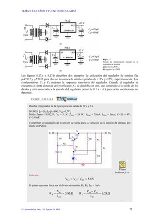 TEMA 8: FILTRADO Y FUENTES REGULADAS
© Universidad de Jaén; J. D. Aguilar; M. Olid 27
Fig 8. 27
Fuente de alimentación basado en el
regulador de tensión.
a) positivo µA7812
b) negativo µA7912
Las figuras 8.27.a y 8.27.b describen dos ejemplos de utilización del regulador de tensión fija
µA7812 y µA7912 para obtener tensiones de salida reguladas de +12V y -12V, respectivamente. Los
condensadores C1 y C2 mejoran la respuesta transitoria del regulador. Cuando el regulador se
encuentra a cierta distancia del rectificador, C1 se desdobla en dos, uno conectado a la salida de los
diodos y otro conectado a la entrada del regulador (valor de 0.1 a 1µF) para evitar oscilaciones no
deseadas.
PROBLEMA 8.8
Diseñar el regulador de la figura para una salida de 12V y 1A.
DATOS: β1=20; β2=β3=100; VBE=0,7V;
Diodo Zener: 1N5523A, VZ = 5,1V; Zmax = 26 W, IZmax = 75mA; IZtest = 5mA; Vi=20 ± 4V;
C=250mF.
Comprobar la regulación de la tensión de salida para la variación de la tensión de entrada, por
medio de Pspice.
Problema8_8.cir
Solución:
V
5.8
V
V
V BE
3
b =
+
= Z
Si quiero que pase 1mA por el divisor de tensión, R3, R4, IR3 = 1mA
kΩ
6,2
I
V
V
R
kΩ
5,8
I
V
R
3
R
3
b
sal
3
3
R
3
b
4 =
−
=
=
=
...
 
