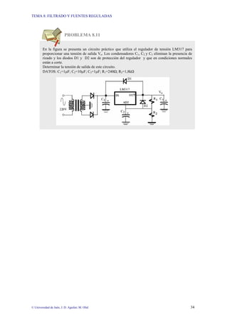TEMA 8: FILTRADO Y FUENTES REGULADAS
© Universidad de Jaén; J. D. Aguilar; M. Olid 34
PROBLEMA 8.11
En la figura se presenta un circuito práctico que utiliza el regulador de tensión LM317 para
proporcionar una tensión de salida Vo. Los condensadores C1, C2 y C3 eliminan la presencia de
rizado y los diodos D1 y D2 son de protección del regulador y que en condiciones normales
están a corte.
Determinar la tensión de salida de este circuito.
DATOS: C1=1µF; C2=10µF; C3=1µF; R1=240Ω; R2=1,8kΩ
 