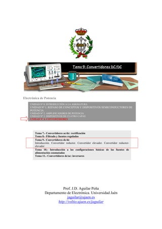 Electrónica de Potencia
Prof. J.D. Aguilar Peña
Departamento de Electrónica. Universidad Jaén
jaguilar@ujaen.es
http://voltio.ujaen.es/jaguilar
UNIDAD Nº 0. INTRODUCCIÓN A LA ASIGNATURA
UNIDAD Nº 1. REPASO DE CONCEPTOS Y DISPOSITIVOS SEMICONDUCTORES DE
POTENCIA
UNIDAD Nº 2. AMPLIFICADORES DE POTENCIA
UNIDAD Nº 3. DISPOSITIVOS DE CUATRO CAPAS
UNIDAD Nº 4. CONVERTIDORES
Tema 7.- Convertidores ac/dc: rectificación
Tema 8.- Filtrado y fuentes reguladas
Tema 9.- Convertidores dc/dc
Introducción. Convertidor reductor. Convertidor elevador. Convertidor reductor-
elevador
Tema 10.- Introducción a las configuraciones básicas de las fuentes de
alimentación conmutadas
Tema 11.- Convertidores dc/ac: inversores
 
