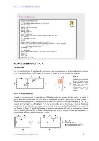 TEMA 9: CONVERTIDORES DC/DC
© Universidad de Jaén; J.D. Aguilar; M. Olid 26
9.3.2 CONVERTIDORES TIPO B.
Introducción
Los convertidores tipo B, igual que los anteriores, siguen operando en un único cuadrante. La tensión
en la carga sigue siendo positiva, pero la corriente es negativa, o sea, “escapa” de la carga.
Fig. 9. 26
En la figura se muestra el
esquema de un convertidor
de tipo B, donde V, que
forma parte de la carga,
puede ser la fuerza
contraelectromotriz
(f.c.e.m) de un motor de
corriente continua, por
ejemplo.
Modo de funcionamiento
Cuando el interruptor esté cerrado (figura 9.27.a) la tensión en la carga se hace nula, y el diodo D
queda polarizado en inverso. Por otro lado, V genera una corriente a través de R y de la bobina L,
almacenándose energía en la misma durante el intervalo de conducción del interruptor, 0 < t < TON.
Cuando el interruptor se abre (figura 9.27.b), la intensidad en la bobina, iL, tiende a disminuir,
provocando la aparición de una fuerza electromotriz. Esta f.e.m. inducida en la bobina se suma a V
con lo que el diodo D queda polarizado en directo, permitiendo el paso de corriente en sentido
inverso hacia la fuente E. En la figura 9.28 aparecen una serie de formas de onda que ayudarán a la
comprensión del funcionamiento de este circuito.
Fig. 9. 27
Convertidor tipo B:
a) Circuito equivalente para TON.
b) Circuito equivalente para TOFF.
…
Descripción del circuito:
*CD9_2: CHOPPER TIPO STEP-UP
*DESCRIPCION DEL CIRCUITO:
**** DEFINICION DE PARAMETROS DEL CIRCUITO
.PARAM VS=110
.PARAM D=0.5
.PARAM FRECUENCIA=400Hz
.PARAM R=5
.PARAM L=5MH
.PARAM VCEM=220
VS 1 0 DC {VS}
VCEM 4 0 DC {VCEM}
VG 5 0 PULSE(0 10V 0 1US 1US {D/FRECUENCIA} {1/FRECUENCIA})
D1 2 3 DMOD
XT1 2 0 5 0 SCR ;TIRISTOR
L 1 2 {L}
R 3 4 {R}
.MODEL DMOD D ;MODELO DE DIODO POR DEFECTO
*MODELO DE TIRISTOR EN CONTINUA("POWER ELECTRONICS. CIRCUIT,DEVICES
* AND APPLICATIONS",MUHAMAD RASHID,
* EDITORIAL PRENTICE HALL)
.SUBCKT SCR 1 2 3 4
DT 5 2 DMOD
ST 1 5 3 4 SMOD
.MODEL SMOD VSWITCH (RON=.1 ROFF=10E+6 VON=5V VOFF=1V)
.ENDS SCR
.PROBE
*ANALISIS:
.tran 10.000u .1 0 0 ; *ipsp*
 