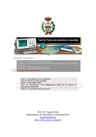 Electrónica de Potencia
Prof. J.D. Aguilar Peña
Departamento de Electrónica. Universidad Jaén
jaguilar@ujaen.es
http://voltio.ujaen.es/jaguilar
UNIDAD Nº 0. INTRODUCCIÓN A LA ASIGNATURA
UNIDAD Nº 1. REPASO DE CONCEPTOS Y DISPOSITIVOS SEMICONDUCTORES DE
POTENCIA
UNIDAD Nº 2. AMPLIFICADORES DE POTENCIA
UNIDAD Nº 3. DISPOSITIVOS DE CUATRO CAPAS
UNIDAD Nº 4. CONVERTIDORES
Tema 7.- Convertidores ac/dc: rectificación
Tema 8.- Filtrado y fuentes reguladas
Tema 9.- Convertidores dc/dc
Tema 10.- Introducción a las configuraciones básicas de las fuentes de
alimentación conmutadas
Tema 11.- Convertidores dc/ac: inversores
 