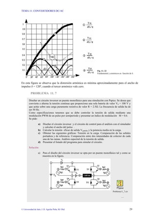 TEMA 11: CONVERTIDORES DC/AC
© Universidad de Jaén; J. D. Aguilar Peña; M. Olid 29
Fig. 11. 22
Fundamental y armónicos en función de δ.
En esta figura se observa que la distorsión armónica es mínima aproximadamente para el ancho de
impulso δ = 120º, cuando el tercer armónico vale cero.
PROBLEMA 11. 7
Diseñar un circuito inversor en puente monofásico para una simulación con Pspice. Se desea que
convierta a alterna la tensión continua que proporciona una sola batería de valor VS = 100 V y
que actúe sobre una carga puramente resistiva de valor R = 2.5Ω. La frecuencia de salida ha de
ser 50 Hz.
Como especificaciones tenemos que se debe controlar la tensión de salida mediante una
modulación PWM de un pulso por semiperíodo y presentar un índice de modulación M = 0.6.
Se pide:
a) Diseñar el circuito inversor y el circuito de control para el análisis con el simulador
y calcular el ancho del pulso .
b) Calcular la tensión eficaz de salida Vo(RMS) y la potencia media en la carga.
c) Obtener las siguientes gráficas: Tensión en la carga. Comparación de las señales
portadora y de referencia. Comparación entre dos intensidades de colector de cada
una de las ramas. Análisis espectral de la tensión de salida.
d) Presentar el listado del programa para simular el circuito.
Solución:
a) Para el diseño del circuito inversor se opta por un puente monofásico tal y como se
muestra en la figura.
Problema11_7.cir
…
 