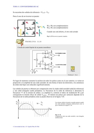 TEMA 11: CONVERTIDORES DC/AC
© Universidad de Jaén; J. D. Aguilar Peña; M. Olid 38
Se necesitan dos señales de referencia: +Vref y - Vref
Para el caso de un inversor en puente:
M1 y M4 son complementarios
M2 y M3 son complementarios
Cuando uno está abierto, el otro está cerrado
Fig. 11. 35 Inversor en puente completo
PROBLEMA 11.10
En lugar de mantener constante la anchura de todos los pulsos como en el caso anterior, se varían en
proporción a la amplitud de una onda senoidal; de esta forma el factor de distorsión y los armónicos
de orden más bajos son reducidos significativamente.
Las señales de puerta se obtienen por comparación entre la citada señal senoidal (señal de referencia)
y una señal triangular (señal portadora). La frecuencia de la señal de referencia fr determina la
frecuencia “f” de la tensión de salida y su amplitud Ar controla el índice de modulación M y por
consiguiente la tensión eficaz de salida Vo(RMS) . El número de pulsos por semiciclo depende de la
frecuencia de la señal portadora como se puede observar en la figura 7.43.
Las mismas señales de puerta se pueden generar usando
una onda portadora triangular unidireccional como la
que se muestra en la figura 11.36.
Fig. 11. 36
Comparación entre una onda senoidal y una triangular
unidireccional.
M =
2
A
Ac
r
Ar
Ac
Circuito de control bipolar de un puente monofásico
Problema11 10.cir
 