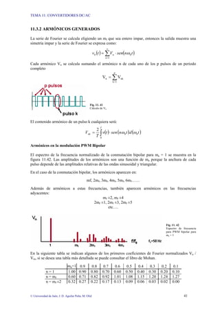 TEMA 11: CONVERTIDORES DC/AC
© Universidad de Jaén; J. D. Aguilar Peña; M. Olid 41
11.3.2 ARMÓNICOS GENERADOS
La serie de Fourier se calcula eligiendo un mf que sea entero impar, entonces la salida muestra una
simetría impar y la serie de Fourier se expresa como:
( ) ( )
∑
∞
=
⋅
=
1
0
0
n
n t
n
sen
V
t
v ω
Cada armónico Vn se calcula sumando el armónico n de cada uno de los p pulsos de un periodo
completo
∑
=
=
p
1
k
nk
n V
V
Fig. 11. 41
Cálculo de Vn
El contenido armónico de un pulso k cualquiera será:
( ) ( ) ( )
t
d
t
n
sen
t
v
T
V
T
nk 0
0
0
2
ω
ω
∫ ⋅
=
Armónicos en la modulación PWM Bipolar
El espectro de la frecuencia normalizado de la conmutación bipolar para ma = 1 se muestra en la
figura 11.42. Las amplitudes de los armónicos son una función de ma porque la anchura de cada
pulso depende de las amplitudes relativas de las ondas sinusoidal y triangular.
En el caso de la conmutación bipolar, los armónicos aparecen en:
mf, 2mf, 3mf, 4mf, 5mf, 6mf……
Además de armónicos a estas frecuencias, también aparecen armónicos en las frecuencias
adyacentes:
mf ±2, mf ±4
2mf ±1, 2mf ±3, 2mf ±5
etc….
Fig. 11. 42
Espectro de frecuencia
para PWM bipolar para
ma = 1
En la siguiente tabla se indican algunos de los primeros coeficientes de Fourier normalizados Vn /
Vin, si se desea una tabla más detallada se puede consultar el libro de Mohan.
ma=1 0.9 0.8 0.7 0.6 0.5 0.4 0.3 0.2 0.1
n = 1 1.00 0.90 0.80 0.70 0.60 0.50 0.40 0.30 0.20 0.10
n = mf 0.60 0.71 0.82 0.92 1.01 1.08 1.15 1.20 1.24 1.27
n = mf ±2 0.32 0.27 0.22 0.17 0.13 0.09 0.06 0.03 0.02 0.00
 