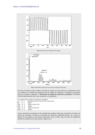 TEMA 11: CONVERTIDORES DC/AC
© Universidad de Jaén; J. D. Aguilar Peña; M. Olid 46
…
Fig. 11. 49 Tensión de salida para diez pulsos.
Fig. 11. 49 Análisis espectral de la tensión de salida para diez pulsos.
Para que el mismo circuito module la tensión de salida con diez pulsos por semiperíodo, basta
con cambiar en el listado las frecuencias de las señales de referencia y portadora. En general,
basta con sustituir el apartado "* Generación de señales de referencia y portadora" del listado
ofrecido anteriormente por el que mostramos a continuación:
* Comparacion de senales de referencia y portadora:
VC 17 0 PULSE(50 0 0 416.75U 416.75U 1N 833.5U)
RC 17 0 2MEG
VR1 15 0 SIN(0 -45 60 0 0 0)
RR1 15 0 2MEG
VR2 16 0 SIN(0 45 60 0 0 0)
RR2 16 0 2MEG
Como conclusión al comparar las dos simulaciones podemos decir que al aumentar el número de
pulsos por semiciclo se reduce el contenido de armónicos significativamente, tal y como se
aprecia en las gráficas de los análisis espectrales. Esto se debe a que este tipo de modulación
elimina los armónicos de orden menor o igual a 2p-1.
…
 