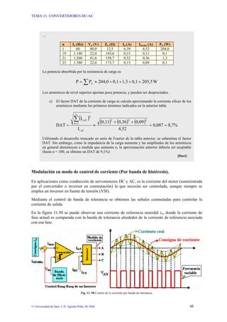 TEMA 11: CONVERTIDORES DC/AC
© Universidad de Jaén; J. D. Aguilar Peña; M. Olid 48
Modulación en modo de control de corriente (Por banda de histéresis).
En aplicaciones como conducción de servomotores DC y AC, es la corriente del motor (suministrada
por el convertidor o inversor en conmutación) la que necesita ser controlada, aunque siempre se
emplea un inversor en fuente de tensión (VSI).
Mediante el control de banda de tolerancia se obtienen las señales conmutadas para controlar la
corriente de salida.
En la figura 11.50 se puede observar una corriente de referencia senoidal iA, donde la corriente de
fase actual es comparada con la banda de tolerancia alrededor de la corriente de referencia asociada
con esa fase.
Fig. 11. 50 Control de la corriente por banda de tolerancia.
…
n fn (Hz) Vn (V) Zn (Ω) In (A) In,rms (A) Pn (W)
1 60 80,0 12,5 6,39 4,52 204,0
19 1.140 22,0 143,6 0,15 0,11 0,1
21 1.260 81,8 158,7 0,52 0,36 1,3
23 1.380 22,0 173,7 0,13 0,09 0,1
La potencia absorbida por la resistencia de carga es
W
205,5
0,1
1,3
0,1
204,0
P
P n =
+
+
+
≈
= ∑
Los armónicos de nivel superior aportan poca potencia, y pueden ser despreciados.
c) El factor DAT de la corriente de carga se calcula aproximando la corriente eficaz de los
armónicos mediante los primeros términos indicados en la anterior tabla
( ) ( ) ( ) ( )
8,7%
0,087
4,52
0,09
0,36
0,11
I
I
DAT
2
2
2
ef
1,
2
n
2
ef
n,
=
=
+
+
≈
=
∑
∞
=
Utilizando el desarrollo truncado en serie de Fourier de la tabla anterior, se subestima el factor
DAT. Sin embargo, como la impedancia de la carga aumenta y las amplitudes de los armónicos
en general disminuyen a medida que aumenta n, la aproximación anterior debería ser aceptable
(hasta n = 100, se obtiene un DAT de 9,1%)
[Hart]
 