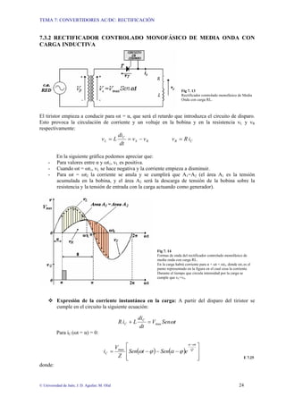 TEMA 7: CONVERTIDORES AC/DC: RECTIFICACIÓN
© Universidad de Jaén; J. D. Aguilar; M. Olid 24
7.3.2 RECTIFICADOR CONTROLADO MONOFÁSICO DE MEDIA ONDA CON
CARGA INDUCTIVA
Fig 7. 13
Rectificador controlado monofásico de Media
Onda con carga RL.
El tiristor empieza a conducir para ωt = α, que será el retardo que introduzca el circuito de disparo.
Esto provoca la circulación de corriente y un voltaje en la bobina y en la resistencia vL y vR
respectivamente:
C
R
R
S
C
L i
R
v
v
v
dt
di
L
v =
−
=
=
En la siguiente gráfica podemos apreciar que:
- Para valores entre α y ωt1, vL es positiva.
- Cuando ωt = ωt1, vL se hace negativa y la corriente empieza a disminuir.
- Para ωt = ωt2 la corriente se anula y se cumplirá que A1=A2 (el área A1 es la tensión
acumulada en la bobina, y el área A2 será la descarga de tensión de la bobina sobre la
resistencia y la tensión de entrada con la carga actuando como generador).
Fig 7. 14
Formas de onda del rectificador controlado monofásico de
media onda con carga RL.
En la carga habrá corriente para α < ωt < ωt2, donde ωt2 es el
punto representado en la figura en el cual cesa la corriente.
Durante el tiempo que circula intensidad por la carga se
cumple que vC=vS.
™ Expresión de la corriente instantánea en la carga: A partir del disparo del tiristor se
cumple en el circuito la siguiente ecuación:
t
Sen
V
dt
di
L
i
R C
C ω
max
=
+
Para iC (ωt = α) = 0:
( ) ( )
⎥
⎥
⎦
⎤
⎢
⎢
⎣
⎡
−
−
−
=
−
Q
t
C e
Sen
t
Sen
Z
V
i
ω
α
ϕ
α
ϕ
ω
max
E 7.25
donde:
 