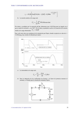 TEMA 7: CONVERTIDORES AC/DC: RECTIFICACIÓN
© Universidad de Jaén; J. D. Aguilar; M. Olid 26
…
( )
⎥
⎥
⎦
⎤
⎢
⎢
⎣
⎡
−
−
=
−
135
,
3
16
,
394
571
,
1
304
,
0
262
,
1
16
,
314
30
,
10
t
C e
t
Sen
i
b) La tensión media en la carga será:
∫ °
=
′
2
90
4
,
339
2
1 t
dc t
d
t
Sen
V
ω
ω
ω
π
Por tanteo y ayudados por la expresión [E7.26], obtenemos que t=0,0136sg para un ángulo en el
que se anula la corriente iC, ωt2=245°. Por lo tanto ya podemos resolver la ecuación de la tensión
media en la carga obteniendo: V
Vdc 8
,
22
=
′
Para verlo más claro nos ayudamos de la simulación por Pspice, donde se aprecia un valor de t =
13,582mseg, muy similar al obtenido por tanteo:
c) La intensidad en la carga será:
A
R
V
I dc
dc 28
,
2
10
8
,
22
=
=
′
=
′
d) Para la obtención de los coeficientes de Fourier y el factor de potencia tenemos el
montaje y el listado para la simulación mediante Pspice:
 