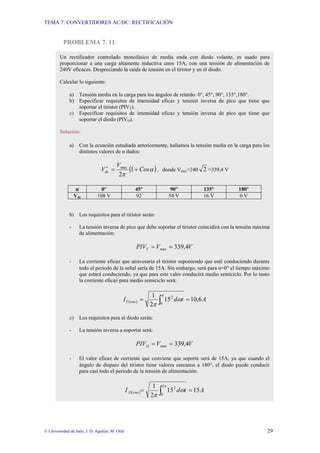 TEMA 7: CONVERTIDORES AC/DC: RECTIFICACIÓN
© Universidad de Jaén; J. D. Aguilar; M. Olid 29
PROBLEMA 7. 11
Un rectificador controlado monofásico de media onda con diodo volante, es usado para
proporcionar a una carga altamente inductiva unos 15A, con una tensión de alimentación de
240V eficaces. Despreciando la caída de tensión en el tiristor y en el diodo.
Calcular lo siguiente:
a) Tensión media en la carga para los ángulos de retardo: 0°, 45°, 90°, 135°,180°.
b) Especificar requisitos de intensidad eficaz y tensión inversa de pico que tiene que
soportar el tiristor (PIVT).
c) Especificar requisitos de intensidad eficaz y tensión inversa de pico que tiene que
soportar el diodo (PIVD).
Solución:
a) Con la ecuación estudiada anteriormente, hallamos la tensión media en la carga para los
distintos valores de α dados:
( )
α
π
Cos
V
Vdc +
=
′ 1
2
max
, donde Vmax=240 2 =339,4 V
α 0° 45° 90° 135° 180°
Vdc 108 V 92 54 V 16 V 0 V
b) Los requisitos para el tiristor serán:
- La tensión inversa de pico que debe soportar el tiristor coincidirá con la tensión máxima
de alimentación:
V
V
PIVT 4
,
339
max =
=
- La corriente eficaz que atravesaría el tiristor suponiendo que esté conduciendo durante
todo el periodo de la señal sería de 15A. Sin embargo, será para α=0° el tiempo máximo
que estará conduciendo, ya que para este valor conducirá medio semiciclo. Por lo tanto
la corriente eficaz para medio semiciclo será:
( ) A
t
d
I rms
T 6
,
10
15
2
1
0
2
=
= ∫
π
ω
π
c) Los requisitos para el diodo serán:
- La tensión inversa a soportar será:
V
V
PIVD 4
,
339
max =
=
- El valor eficaz de corriente que conviene que soporte será de 15A, ya que cuando el
ángulo de disparo del tiristor tiene valores cercanos a 180°, el diodo puede conducir
para casi todo el periodo de la tensión de alimentación:
( ) A
t
d
I rms
D 15
15
2
1 2
0
2
=
= ∫
π
ω
π
 