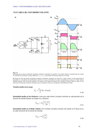 TEMA 7: CONVERTIDORES AC/DC: RECTIFICACIÓN
© Universidad de Jaén; J. D. Aguilar; M. Olid 48
7.5.5 CARGA RL CON DIODO VOLANTE
Fig 7. 31
a) Montaje para el puente rectificador monofásico totalmente controlado con carga RL. Con el diodo volante se le proporciona otro camino
a la corriente que circula por la carga, además de iT1-T4 e iT2-T3, y prevenimos las tensiones negativas en la carga.
b) Formas de onda del puente rectificador monofásico totalmente controlado con carga RL y diodo volante. Se han representado la
intensidad en el secundario del transformador, tensión en la carga, intensidad en la carga e intensidad que circula por el diodo volante.
Podemos apreciar como la porción negativa de la tensión en la carga que teníamos en el montaje sin diodo volante se anula. En ese
intervalo la corriente que circula por los diodos y por el secundario se hace cero, circulando la intensidad por el diodo.
Tensión media en la carga:
( )
α
π
Cos
V
Vdc +
=
′ 1
max
E 7.50
Intensidad media en los tiristores: como por cada tiristor circulará corriente en cada periodo de la
tensión de entrada durante un tiempo π-α, entonces:
( ) ⎟
⎠
⎞
⎜
⎝
⎛ −
′
=
′
π
α
π
2
dc
dc
T I
I
E 7.51
Intensidad media en el diodo volante: Por el diodo circulará corriente solo desde ωt=0 hasta ωt=α,
en cada semiciclo de la tensión de entrada:
( ) ⎟
⎠
⎞
⎜
⎝
⎛
′
=
′
π
α
dc
dc
D I
I
E 7.52
 