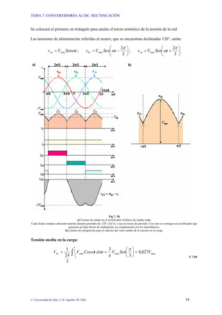 TEMA 7: CONVERTIDORES AC/DC: RECTIFICACIÓN
© Universidad de Jaén; J. D. Aguilar; M. Olid 54
Se colocará el primario en triángulo para anular el tercer armónico de la tensión de la red.
Las tensiones de alimentación referidas al neutro, que se encuentran desfasadas 120°, serán:
t
Sen
V
van ω
max
= ; ⎟
⎠
⎞
⎜
⎝
⎛
−
=
3
2
max
π
ωt
Sen
V
vbn ; ⎟
⎠
⎞
⎜
⎝
⎛
+
=
3
2
max
π
ωt
Sen
V
vcn
Fig 7. 38
a) Formas de ondas en el rectificador trifásico de media onda.
Cada diodo conduce alternativamente durante periodos de 120° (2π/3), o sea un tercio de periodo. Con esto se consigue un rectificador que
presenta un bajo factor de ondulación, en comparación con los monofásicos.
b) Límites de integración para el cálculo del valor medio de la tensión en la carga.
Tensión media en la carga:
∫−
=
⎟
⎠
⎞
⎜
⎝
⎛
=
= 3
3
max
max
max 827
,
0
3
3
t
3
2
1
π
π
π
π
ω
ω
π
V
Sen
V
t
d
Cos
V
Vdc
E 7.60
 