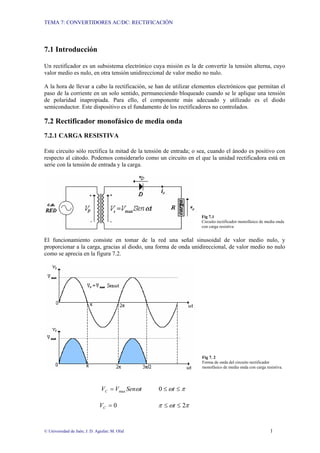 TEMA 7: CONVERTIDORES AC/DC: RECTIFICACIÓN
© Universidad de Jaén; J. D. Aguilar; M. Olid 1
7.1 Introducción
Un rectificador es un subsistema electrónico cuya misión es la de convertir la tensión alterna, cuyo
valor medio es nulo, en otra tensión unidireccional de valor medio no nulo.
A la hora de llevar a cabo la rectificación, se han de utilizar elementos electrónicos que permitan el
paso de la corriente en un solo sentido, permaneciendo bloqueado cuando se le aplique una tensión
de polaridad inapropiada. Para ello, el componente más adecuado y utilizado es el diodo
semiconductor. Este dispositivo es el fundamento de los rectificadores no controlados.
7.2 Rectificador monofásico de media onda
7.2.1 CARGA RESISTIVA
Este circuito sólo rectifica la mitad de la tensión de entrada; o sea, cuando el ánodo es positivo con
respecto al cátodo. Podemos considerarlo como un circuito en el que la unidad rectificadora está en
serie con la tensión de entrada y la carga.
Fig 7.1
Circuito rectificador monofásico de media onda
con carga resistiva
El funcionamiento consiste en tomar de la red una señal sinusoidal de valor medio nulo, y
proporcionar a la carga, gracias al diodo, una forma de onda unidireccional, de valor medio no nulo
como se aprecia en la figura 7.2.
Fig 7. 2
Forma de onda del circuito rectificador
monofásico de media onda con carga resistiva.
t
Sen
V
VC ω
max
= π
ω ≤
≤ t
0
0
=
C
V π
ω
π 2
≤
≤ t
 