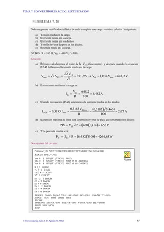 TEMA 7: CONVERTIDORES AC/DC: RECTIFICACIÓN
© Universidad de Jaén; J. D. Aguilar; M. Olid 65
PROBLEMA 7. 20
Dado un puente rectificador trifásico de onda completa con carga resistiva, calcular lo siguiente:
a) Tensión media en la carga.
b) Corriente media en la carga.
c) Corriente media en los diodos.
d) Tensión inversa de pico en los diodos.
e) Potencia media en la carga.
DATOS: R = 100 Ω; VLS = 480 V; f =50Hz
Solución:
a) Primero calcularemos el valor de la Vmax (fase-neutro) y después, usando la ecuación
E2.43 hallaremos la tensión media en la carga:
V
648,2
V
1,654
V
V
391,9
3
V
2
V
2
V max
dc
LS
FS
max =
=
→
=
=
=
b) La corriente media en la carga es:
A
6,482
100
648,2
R
V
I dc
dc =
=
=
c) Usando la ecuación [E7.69], calculamos la corriente media en los diodos:
( )
( ) ( ) ( ) A
2,07
100
460
3
0,3183
R
V
0,3183
I
0,3183
I
max
L
max
dc
D =
=
=
=
d) La tensión máxima de línea será la tensión inversa de pico que soportarán los diodos:
( )( ) V
650
1,414
460
2
V
PIV LS =
=
=
e) Y la potencia media será:
( ) ( ) ( ) W
4201,63
100
6,482
R
I
P
2
2
dc
dc =
=
=
Descripción del circuito:
Problema7_20: PUENTE RECTIFICADOR TRIFASICO CON CARGA RLE
.PARAM VPICO={392}
Van 0 1 SIN (0V {VPICO} 50HZ)
Vbn 0 4 SIN (0V {VPICO} 50HZ 0S 0S -120DEG)
Vcn 0 6 SIN (0V {VPICO} 50HZ 0S 0S -240DEG)
R 3 5 100HM
*L 7 8 1.5MH
*VX 8 5 DC 10V
VY 1 2 DC 0V
D1 2 3 DMOD
D2 4 3 DMOD
D3 6 3 DMOD
D4 5 2 DMOD
D5 5 4 DMOD
D6 5 6 DMOD
.MODEL DMOD D (IS=2.22E-15 BV=1200V IBV=13E-3 CJO=2PF TT=1US)
.TRAN 10US 40MS 20MS 10US
.PROBE
.OPTIONS ABSTOL=1.0N RELTOL=1.0M VNTOL=1.0M ITL5=20000
.FOUR 50HZ I(VY)
.END
 